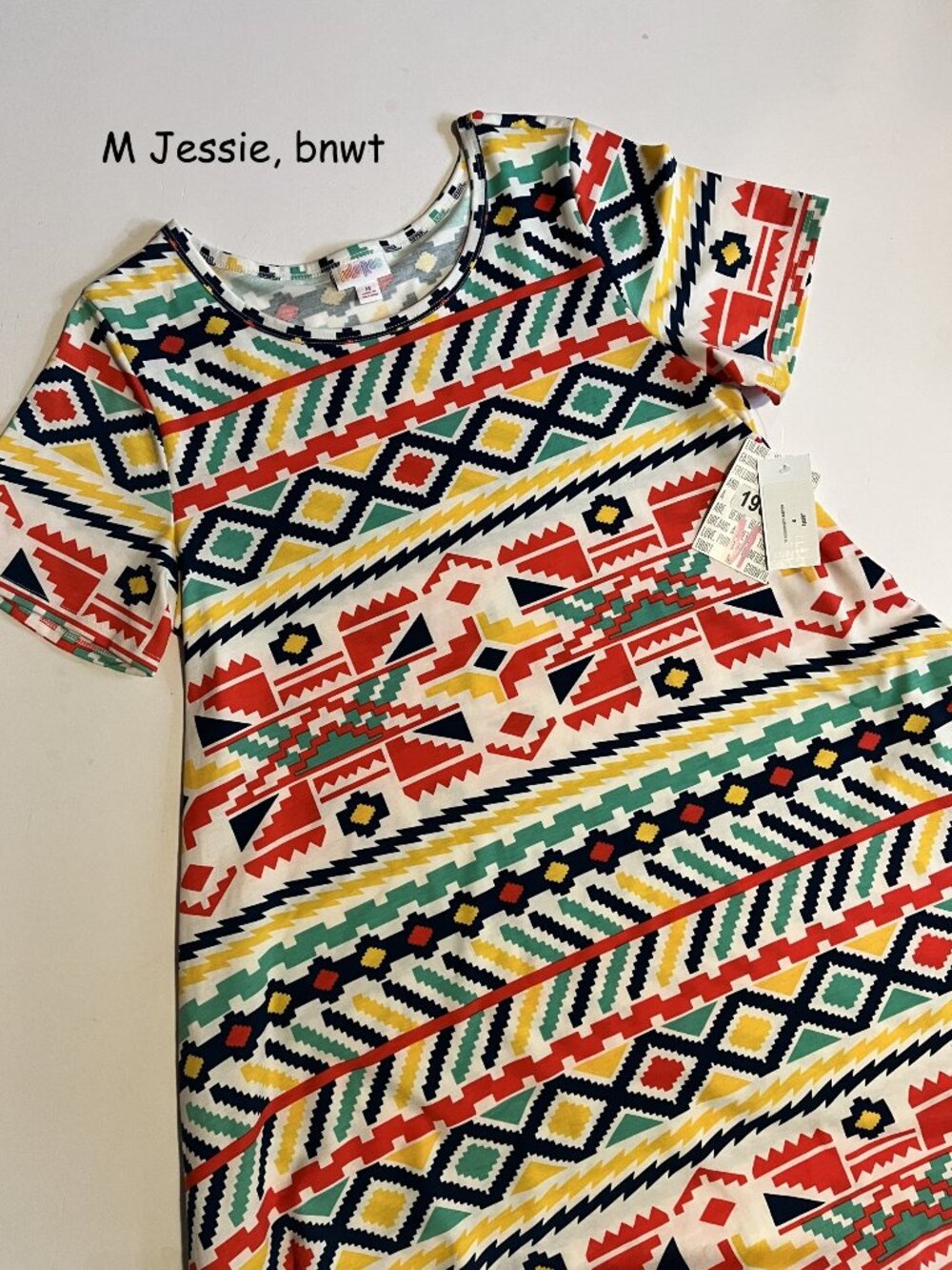 Medium Lularoe Jessie a-line dress, white with colorful SW stripes